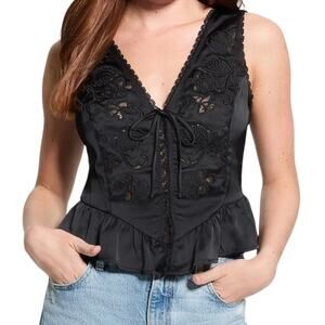 Guess Women’s Gia Tie Front Floral Embroidered Sleeveless Top Black Size L